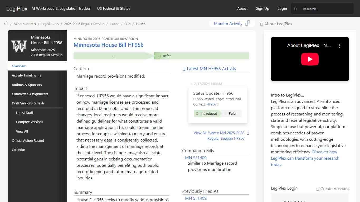 MN HF956 - Minnesota 2025-2026 Regular Session LegiPlex